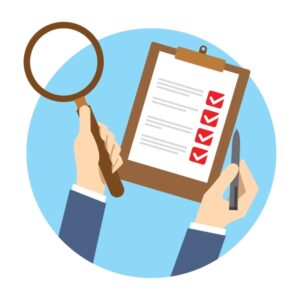 Icon depicting a checklist sheet with a magnifying glass to represent quality check